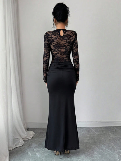 Allurite Elegant Black Fall Winter Dress Women,Ruched Lace Splice Milk Silk Stretchy Round Neck Long Sleeve Bodycon Party Night Wedding Guest Dress