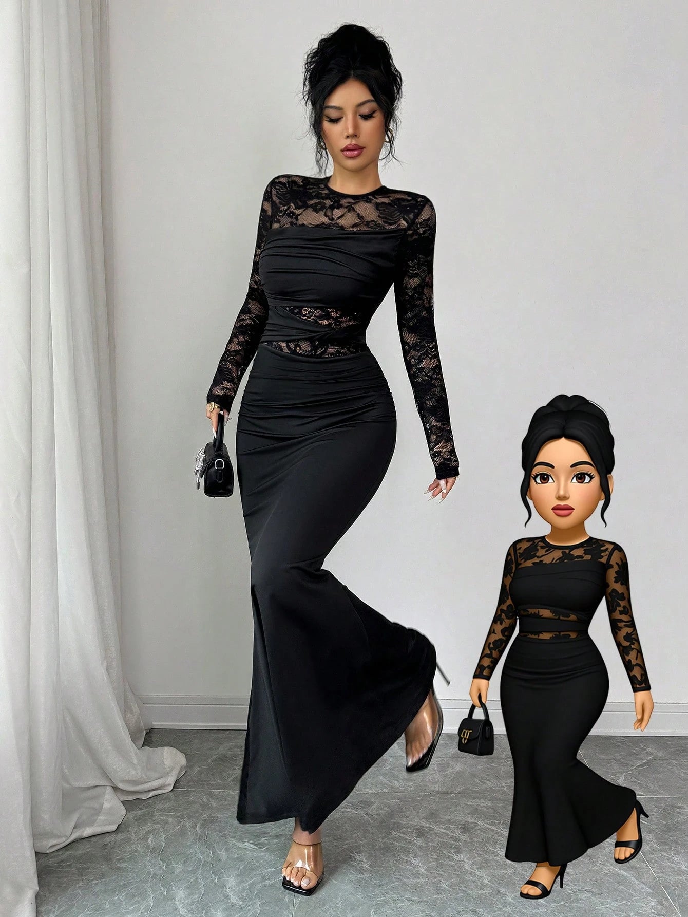 Allurite Elegant Black Fall Winter Dress Women,Ruched Lace Splice Milk Silk Stretchy Round Neck Long Sleeve Bodycon Party Night Wedding Guest Dress
