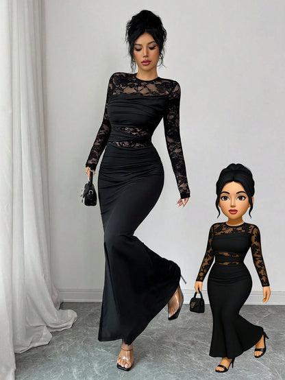 Allurite Elegant Black Fall Winter Dress Women,Ruched Lace Splice Milk Silk Stretchy Round Neck Long Sleeve Bodycon Party Night Wedding Guest Dress