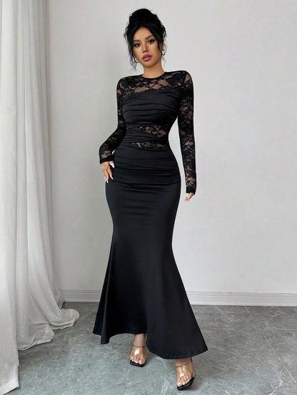 Allurite Elegant Black Fall Winter Dress Women,Ruched Lace Splice Milk Silk Stretchy Round Neck Long Sleeve Bodycon Party Night Wedding Guest Dress