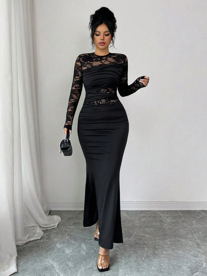 Allurite Elegant Black Fall Winter Dress Women,Ruched Lace Splice Milk Silk Stretchy Round Neck Long Sleeve Bodycon Party Night Wedding Guest Dress