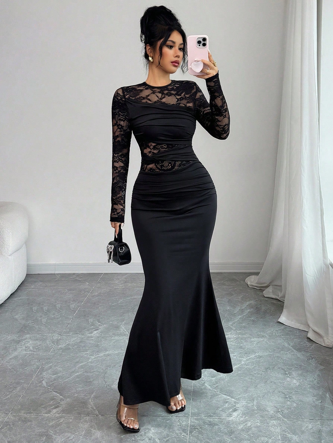 Allurite Elegant Black Fall Winter Dress Women,Ruched Lace Splice Milk Silk Stretchy Round Neck Long Sleeve Bodycon Party Night Wedding Guest Dress