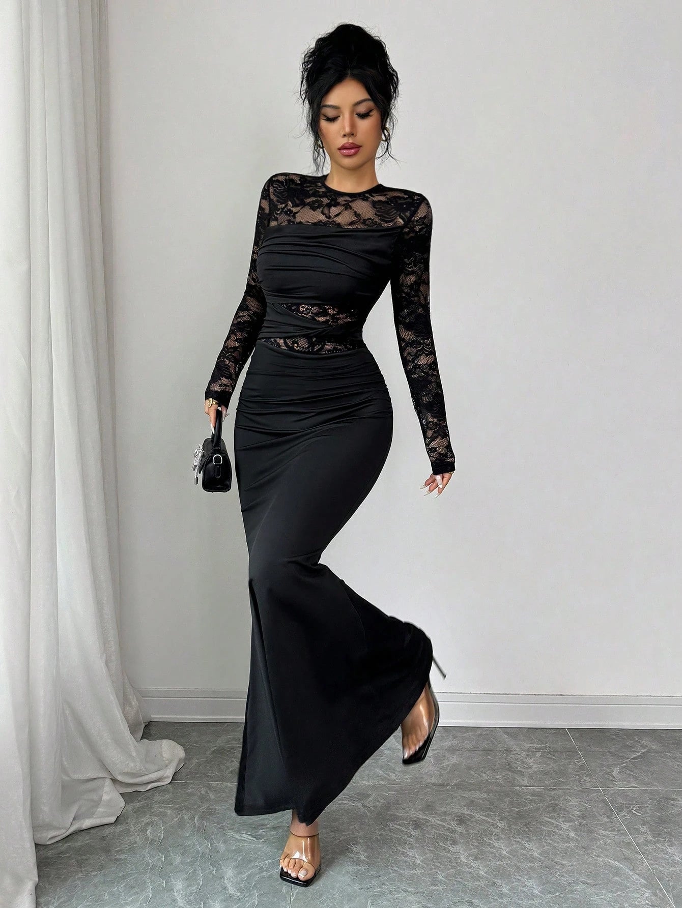 Allurite Elegant Black Fall Winter Dress Women,Ruched Lace Splice Milk Silk Stretchy Round Neck Long Sleeve Bodycon Party Night Wedding Guest Dress