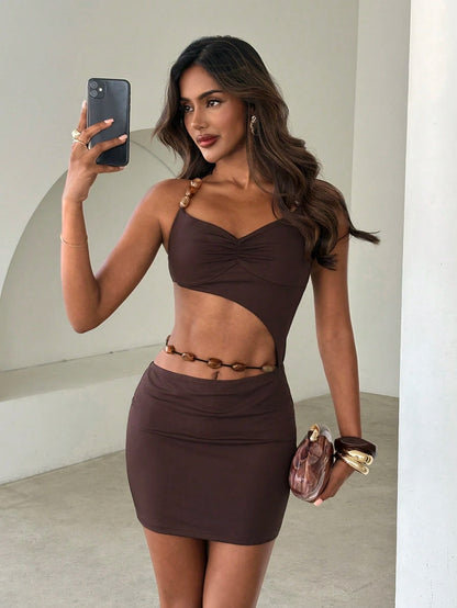 Aloruh Coffee Color Music Festival Sexy Boho Spaghetti Strap Backless Ruched Hollow Beaded Decor Mini Dress For Women