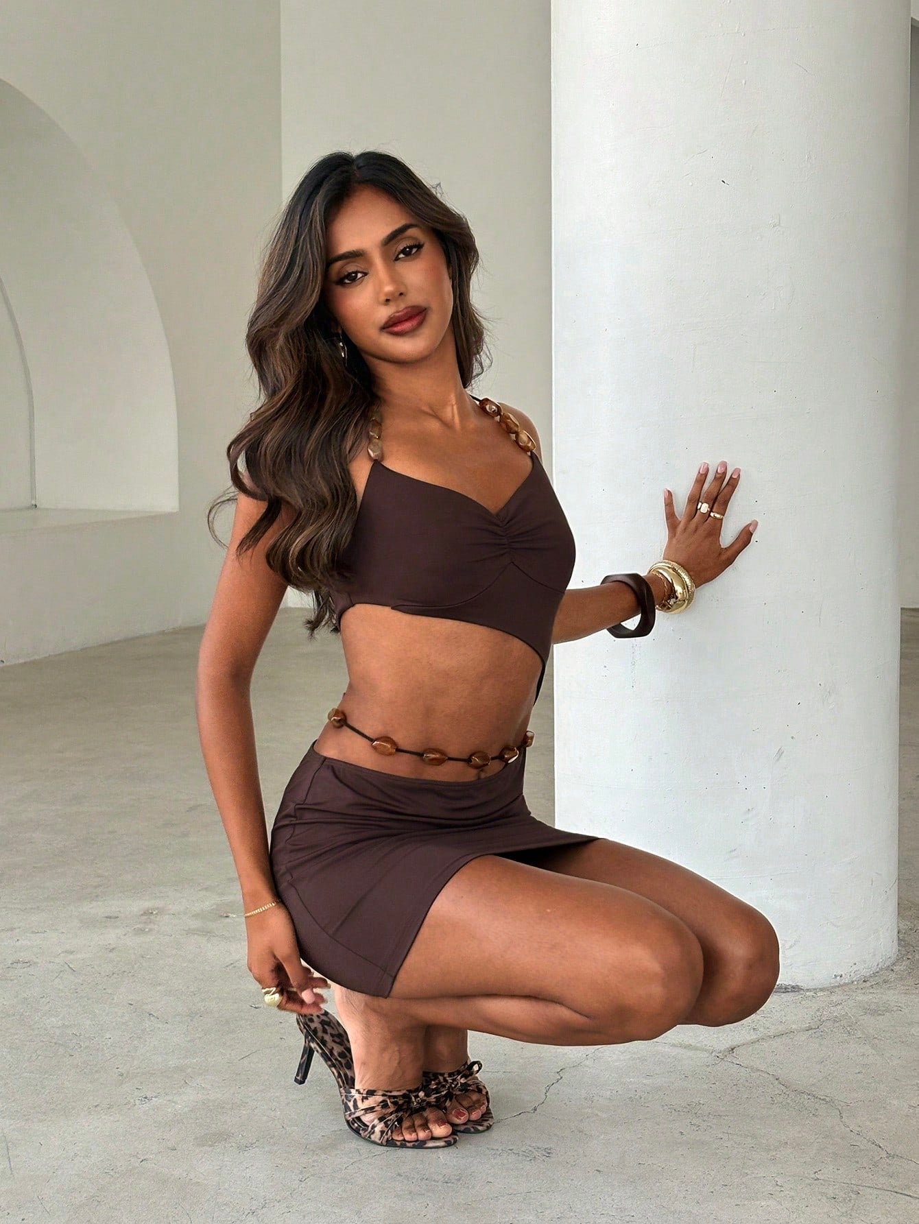 Aloruh Coffee Color Music Festival Sexy Boho Spaghetti Strap Backless Ruched Hollow Beaded Decor Mini Dress For Women