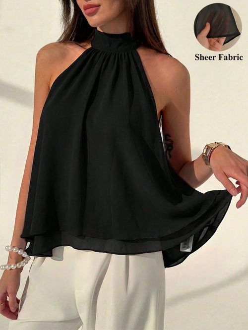 Aloruh Eggplant Purple Sexy New Bohemian Minimalist Halter Neck Ruched A-Line Chiffon Camisole For Women, Spring/Summer
