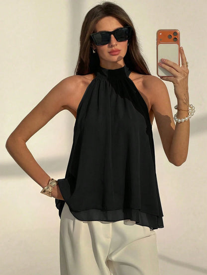 Aloruh Eggplant Purple Sexy New Bohemian Minimalist Halter Neck Ruched A-Line Chiffon Camisole For Women, Spring/Summer