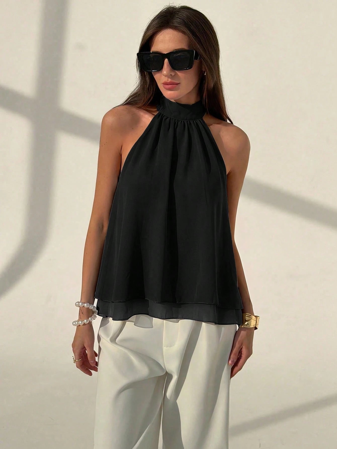 Aloruh Eggplant Purple Sexy New Bohemian Minimalist Halter Neck Ruched A-Line Chiffon Camisole For Women, Spring/Summer