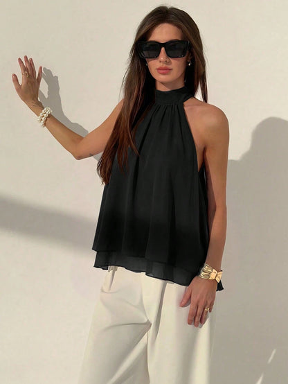 Aloruh Eggplant Purple Sexy New Bohemian Minimalist Halter Neck Ruched A-Line Chiffon Camisole For Women, Spring/Summer