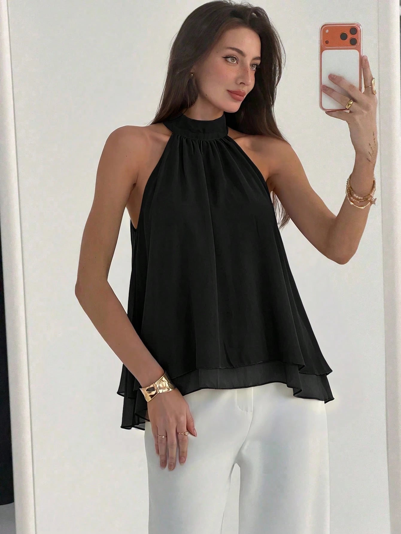 Aloruh Eggplant Purple Sexy New Bohemian Minimalist Halter Neck Ruched A-Line Chiffon Camisole For Women, Spring/Summer