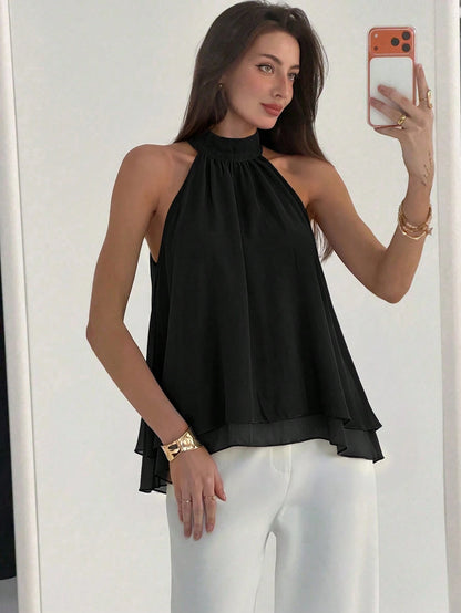Aloruh Eggplant Purple Sexy New Bohemian Minimalist Halter Neck Ruched A-Line Chiffon Camisole For Women, Spring/Summer