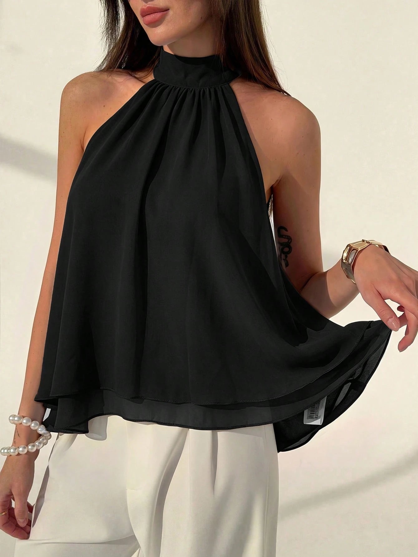 Aloruh Eggplant Purple Sexy New Bohemian Minimalist Halter Neck Ruched A-Line Chiffon Camisole For Women, Spring/Summer