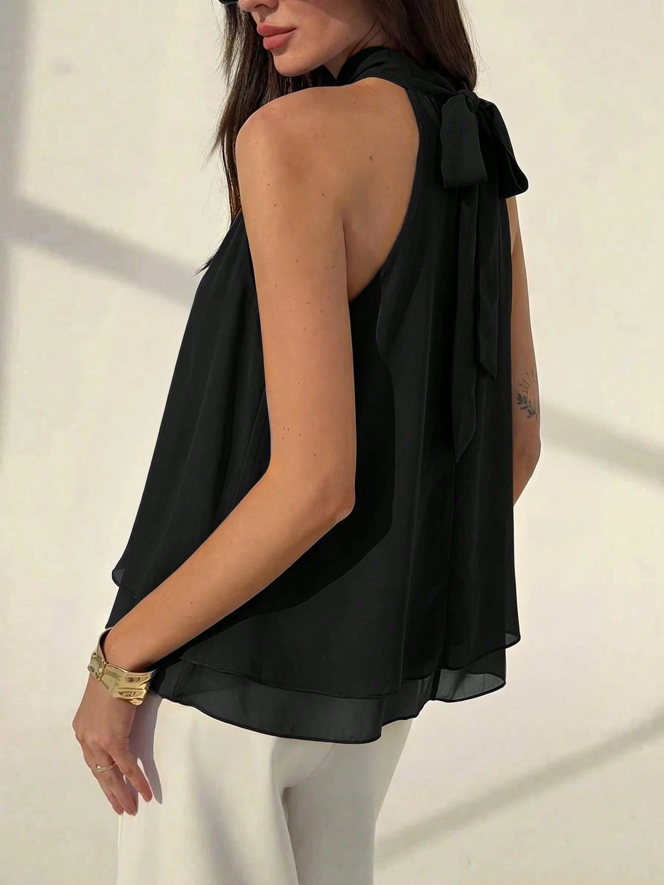Aloruh Eggplant Purple Sexy New Bohemian Minimalist Halter Neck Ruched A-Line Chiffon Camisole For Women, Spring/Summer