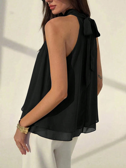 Aloruh Eggplant Purple Sexy New Bohemian Minimalist Halter Neck Ruched A-Line Chiffon Camisole For Women, Spring/Summer