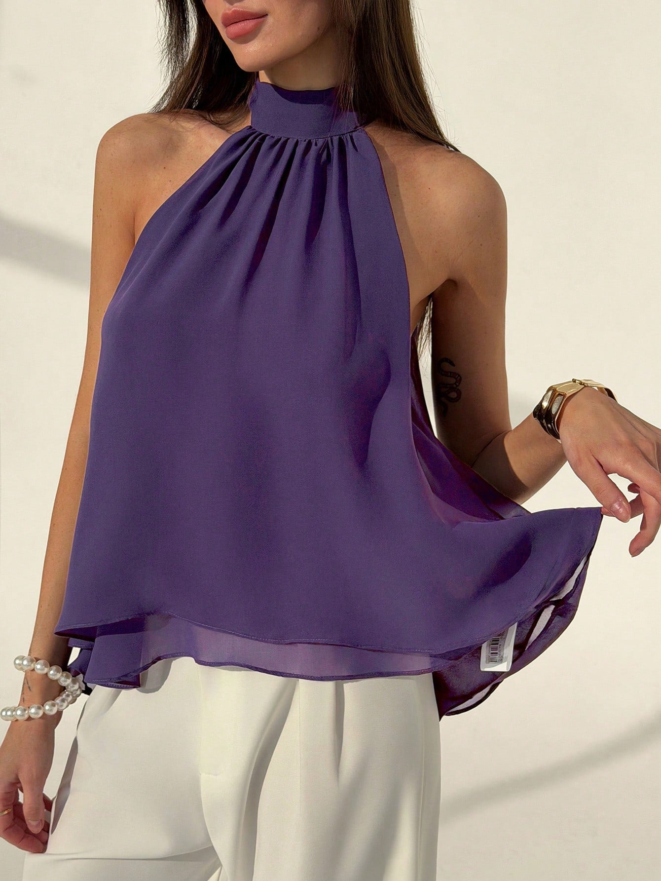 Aloruh Eggplant Purple Sexy New Bohemian Minimalist Halter Neck Ruched A-Line Chiffon Camisole For Women, Spring/Summer