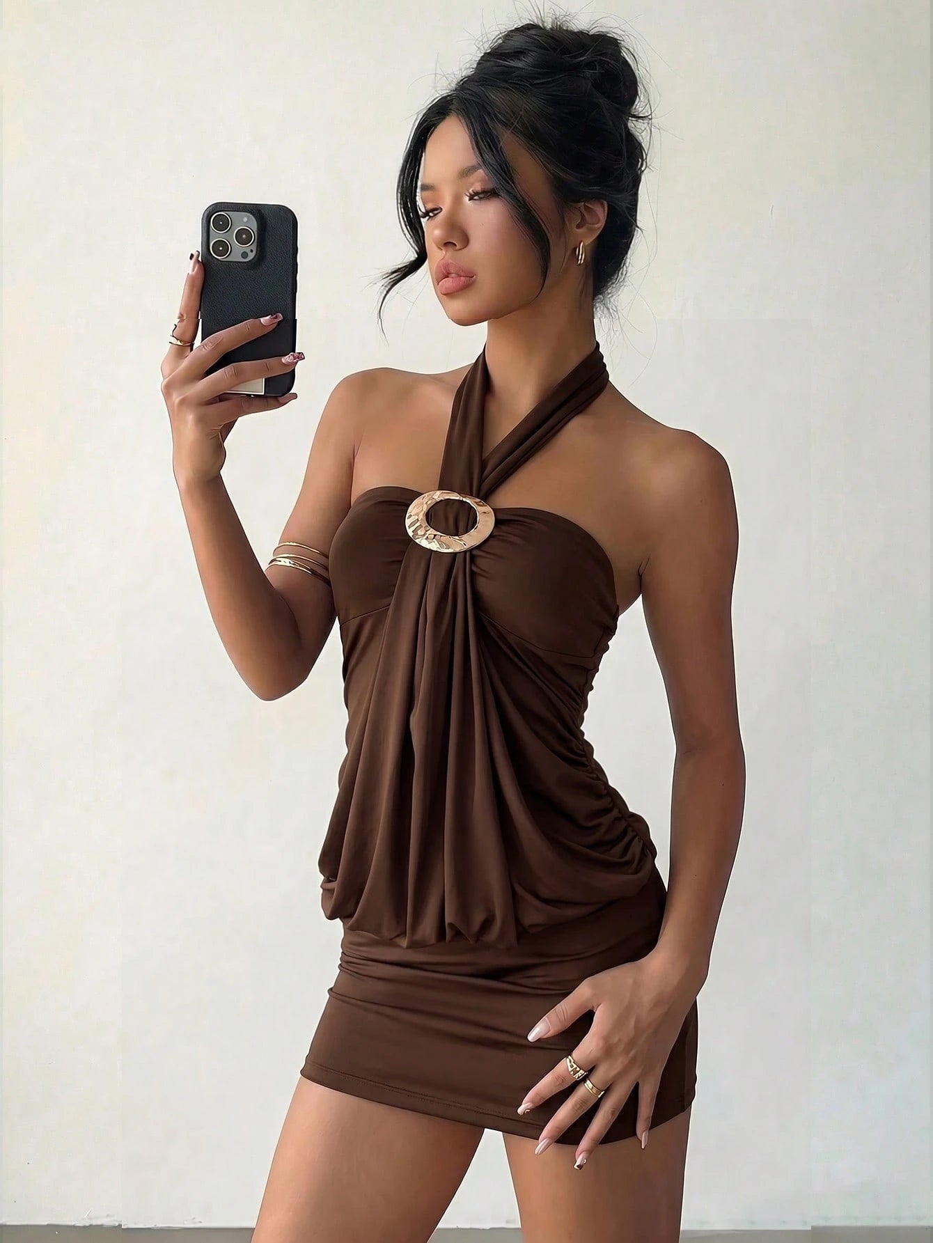 Aloruh Halter Neck Tie Metal Buckle Fitted Women's Mini Dress