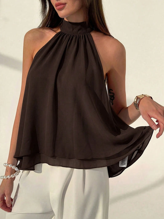 Aloruh Plum Purple Sexy New Bohemian Minimalist Halter Neck Ruched A-Line Chiffon Camisole For Women, Spring/Summer