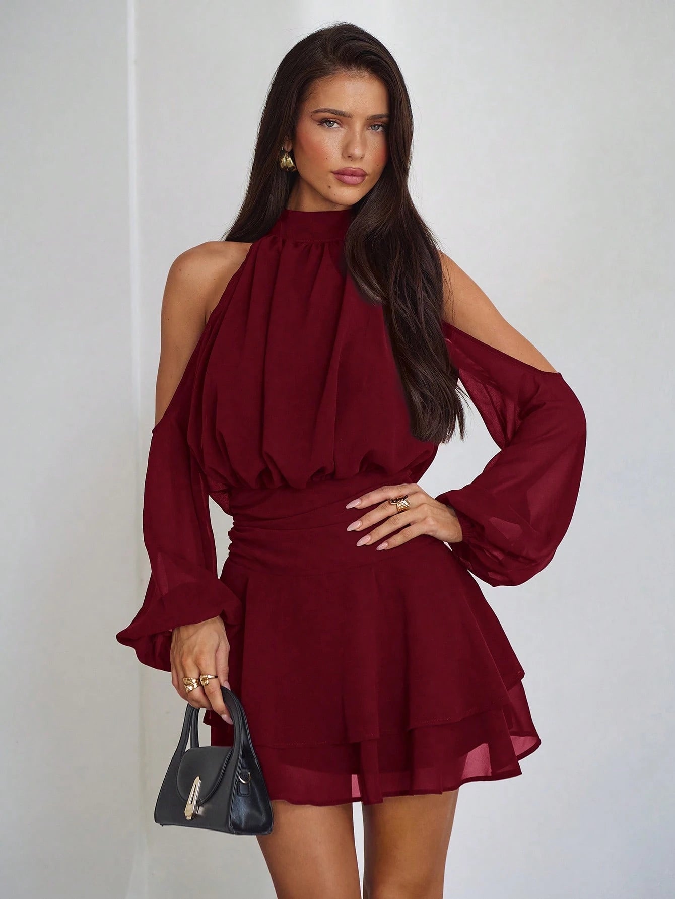 Aloruh Purple-Red Long Sleeve Off-Shoulder Dress, Casual Commuter Elegant Dress With Small Stand Collar, Spring