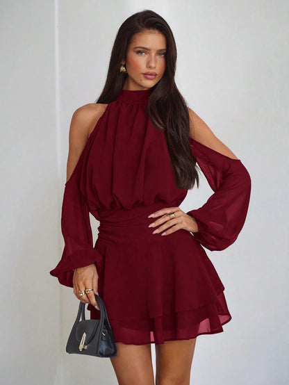Aloruh Purple-Red Long Sleeve Off-Shoulder Dress, Casual Commuter Elegant Dress With Small Stand Collar, Spring