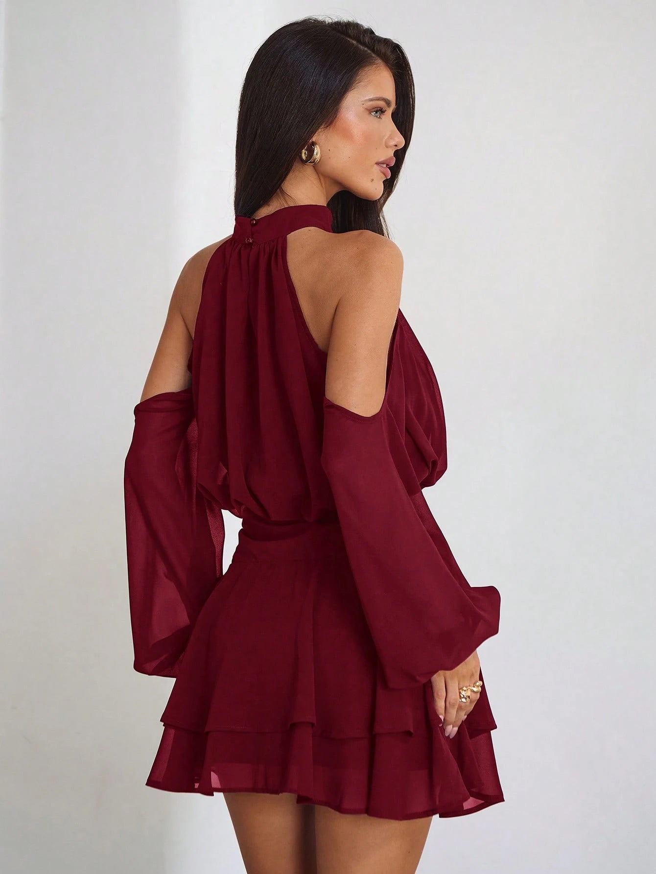 Aloruh Purple-Red Long Sleeve Off-Shoulder Dress, Casual Commuter Elegant Dress With Small Stand Collar, Spring