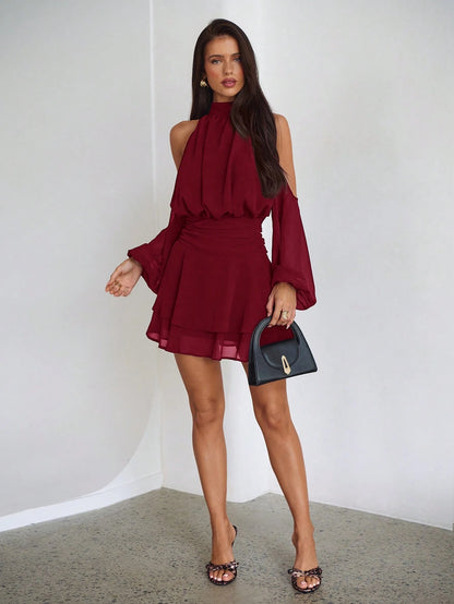 Aloruh Purple-Red Long Sleeve Off-Shoulder Dress, Casual Commuter Elegant Dress With Small Stand Collar, Spring