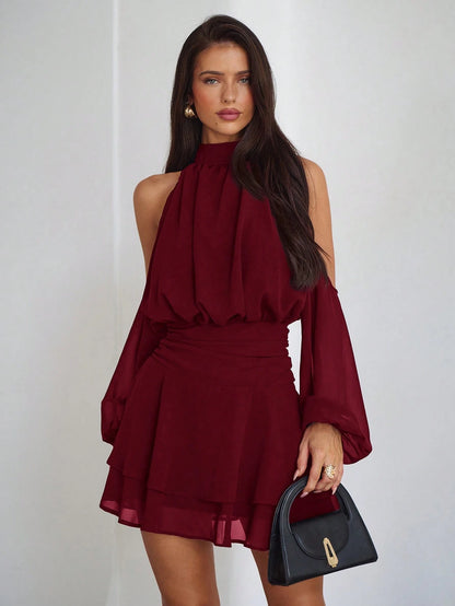 Aloruh Purple-Red Long Sleeve Off-Shoulder Dress, Casual Commuter Elegant Dress With Small Stand Collar, Spring