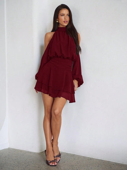 Aloruh Purple-Red Long Sleeve Off-Shoulder Dress, Casual Commuter Elegant Dress With Small Stand Collar, Spring