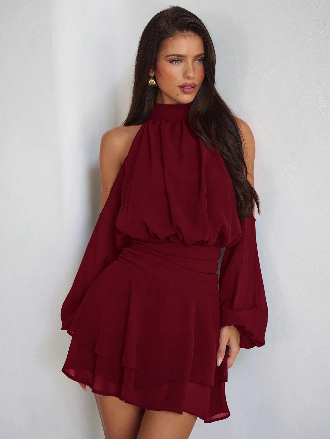 Aloruh Purple-Red Long Sleeve Off-Shoulder Dress, Casual Commuter Elegant Dress With Small Stand Collar, Spring