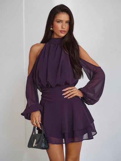 Aloruh Purple-Red Long Sleeve Off-Shoulder Dress, Casual Commuter Elegant Dress With Small Stand Collar, Spring