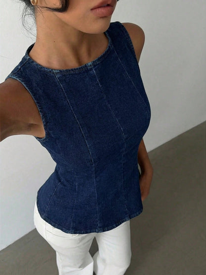 Aloruh Solid Color Crew Neck Sleeveless Fitted Denim Top, Summer Summer,Spring, Vacation,