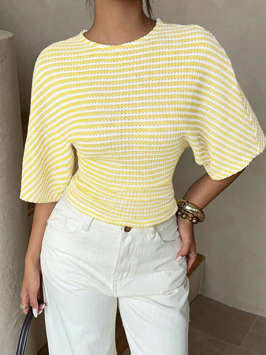 Aloruh Summer Casual Striped Batwing Sleeve T-Shirt Vacation Pastel Yellow