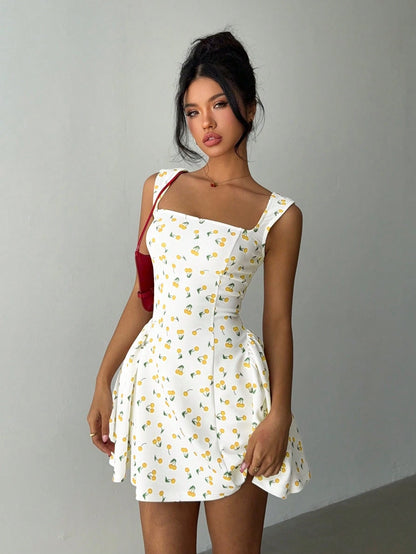 Aloruh Women's Cherry Print Square Neck Mini Dress, Fashion Summer Business Casual Woman,Bodycon Dress