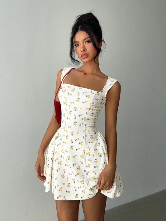 Aloruh Women's Cherry Print Square Neck Mini Dress, Fashion Summer Business Casual Woman,Bodycon Dress