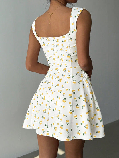 Aloruh Women's Cherry Print Square Neck Mini Dress, Fashion Summer Business Casual Woman,Bodycon Dress