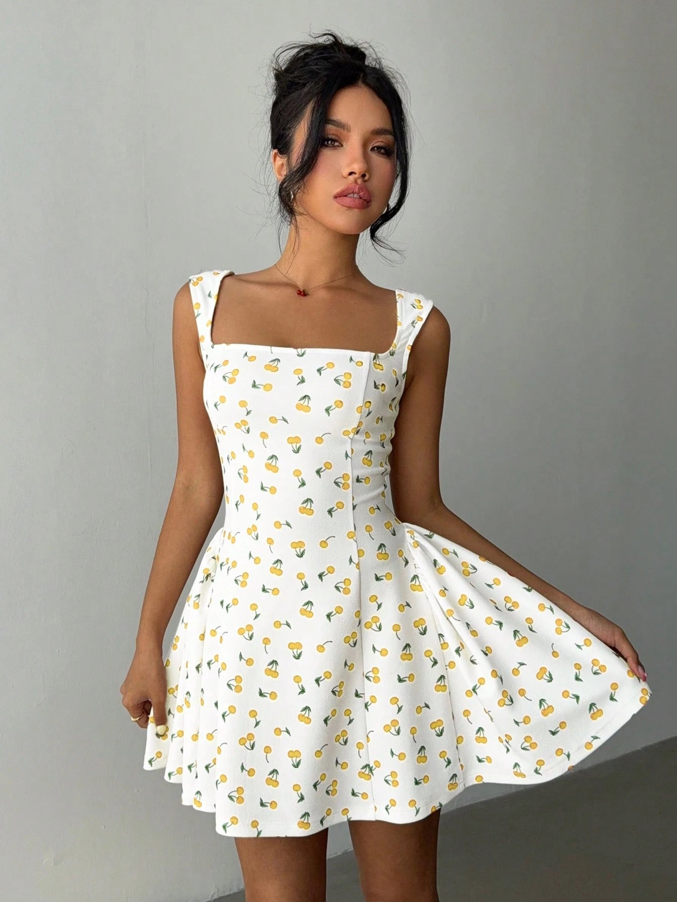 Aloruh Women's Cherry Print Square Neck Mini Dress, Fashion Summer Business Casual Woman,Bodycon Dress