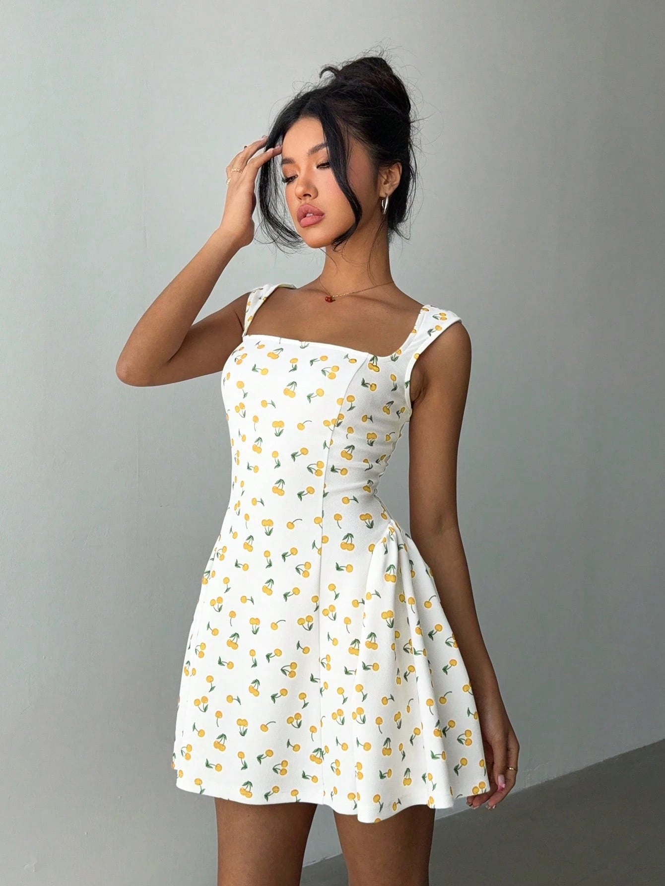 Aloruh Women's Cherry Print Square Neck Mini Dress, Fashion Summer Business Casual Woman,Bodycon Dress