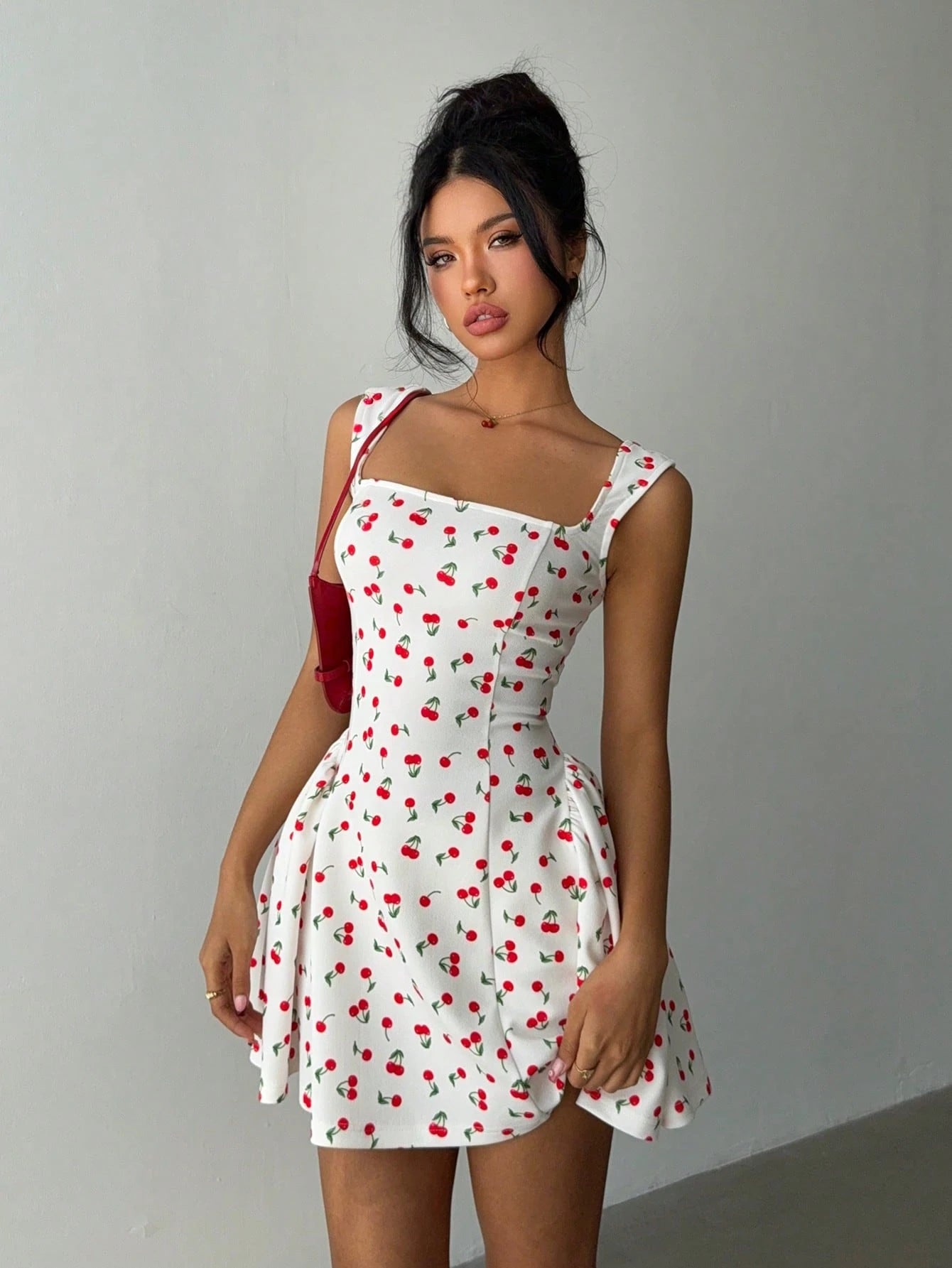 Aloruh Women's Cherry Print Square Neck Mini Dress, Fashion Summer Business Casual Woman,Bodycon Dress
