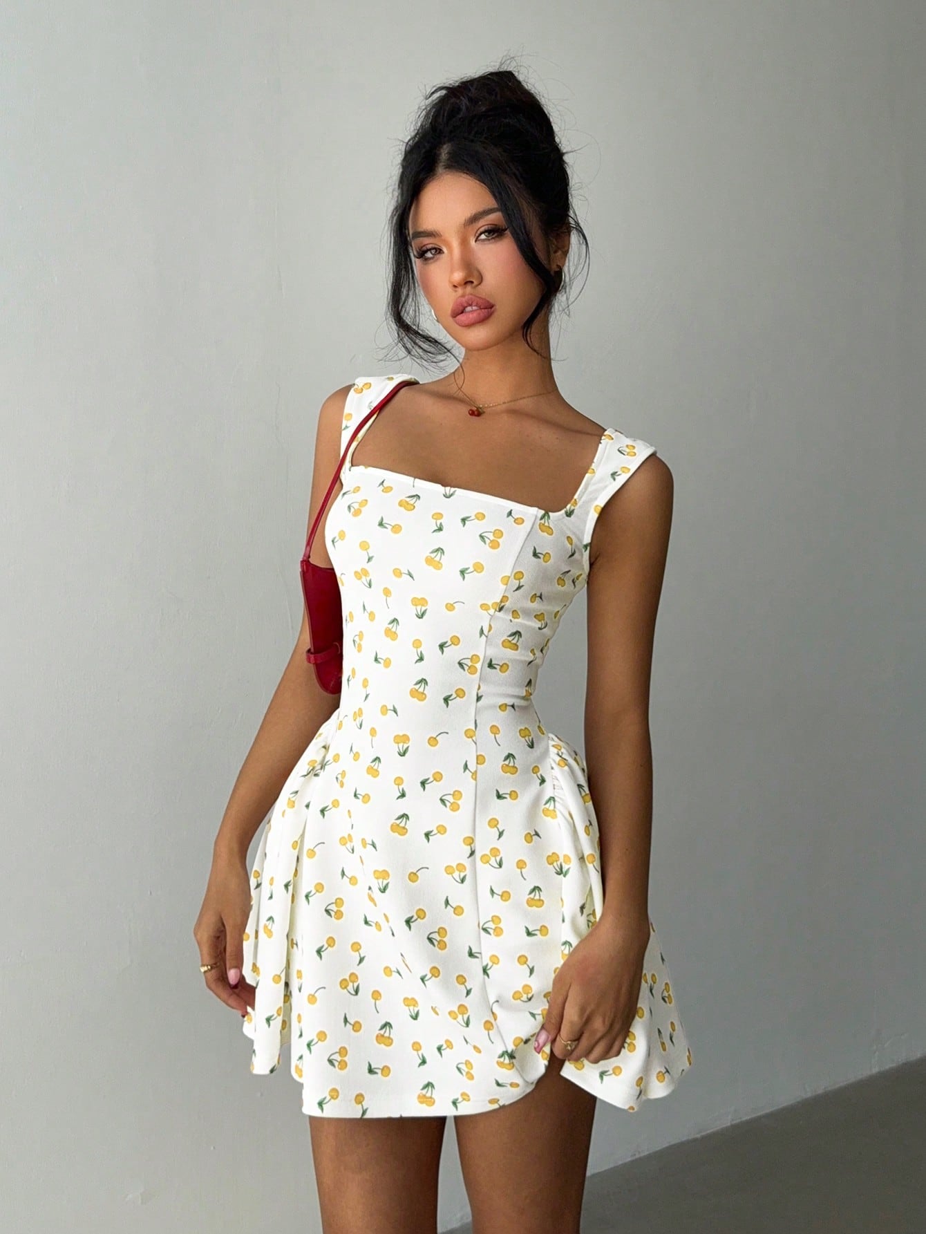 Aloruh Women's Cherry Print Square Neck Mini Dress, Fashion Summer Business Casual Woman,Bodycon Dress