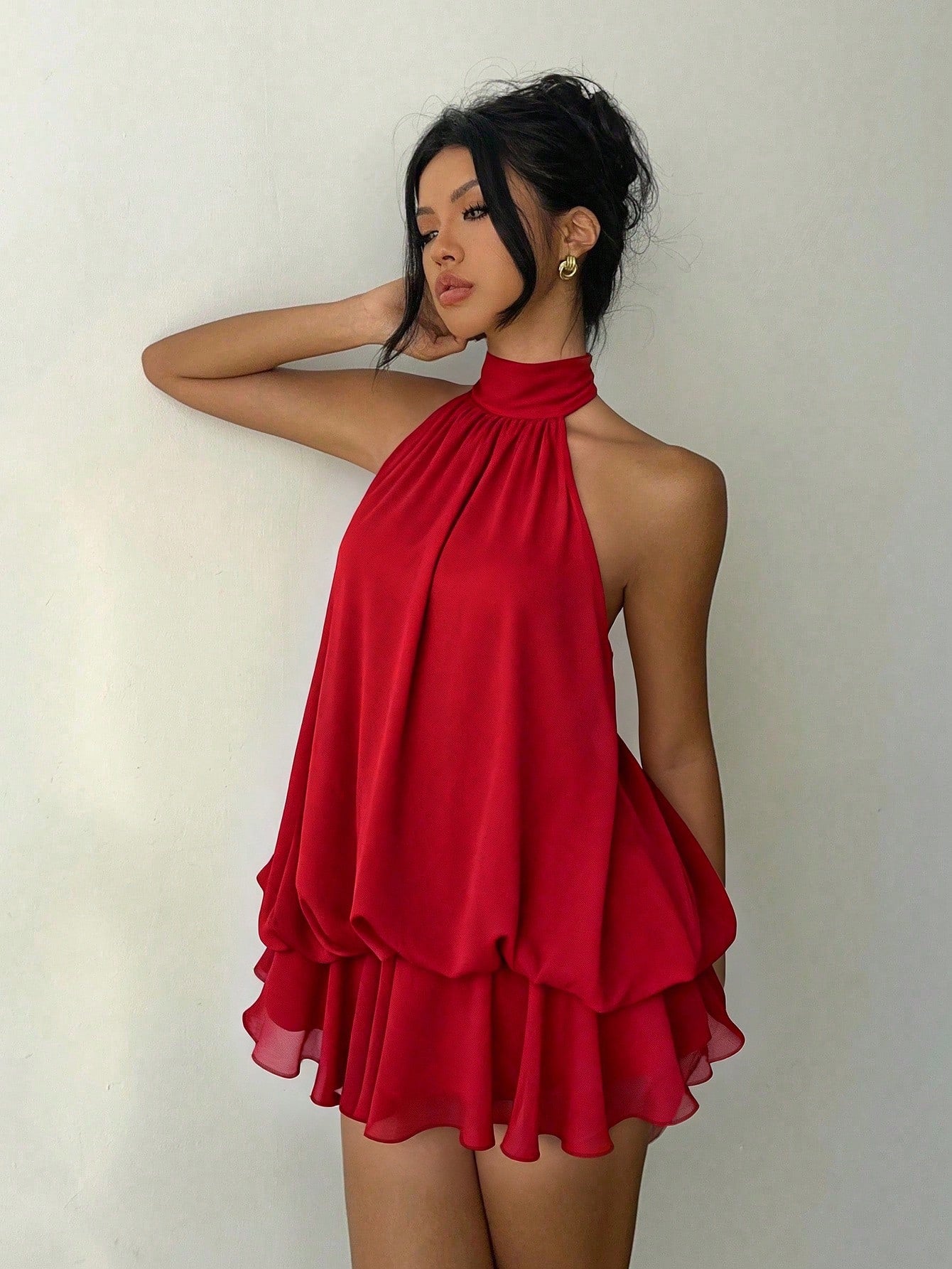 Aloruh Women's Elegant Sexy Red Valentine's Day Halter Neck Tie Mini Dress Club Date Night Night Out Party Summer