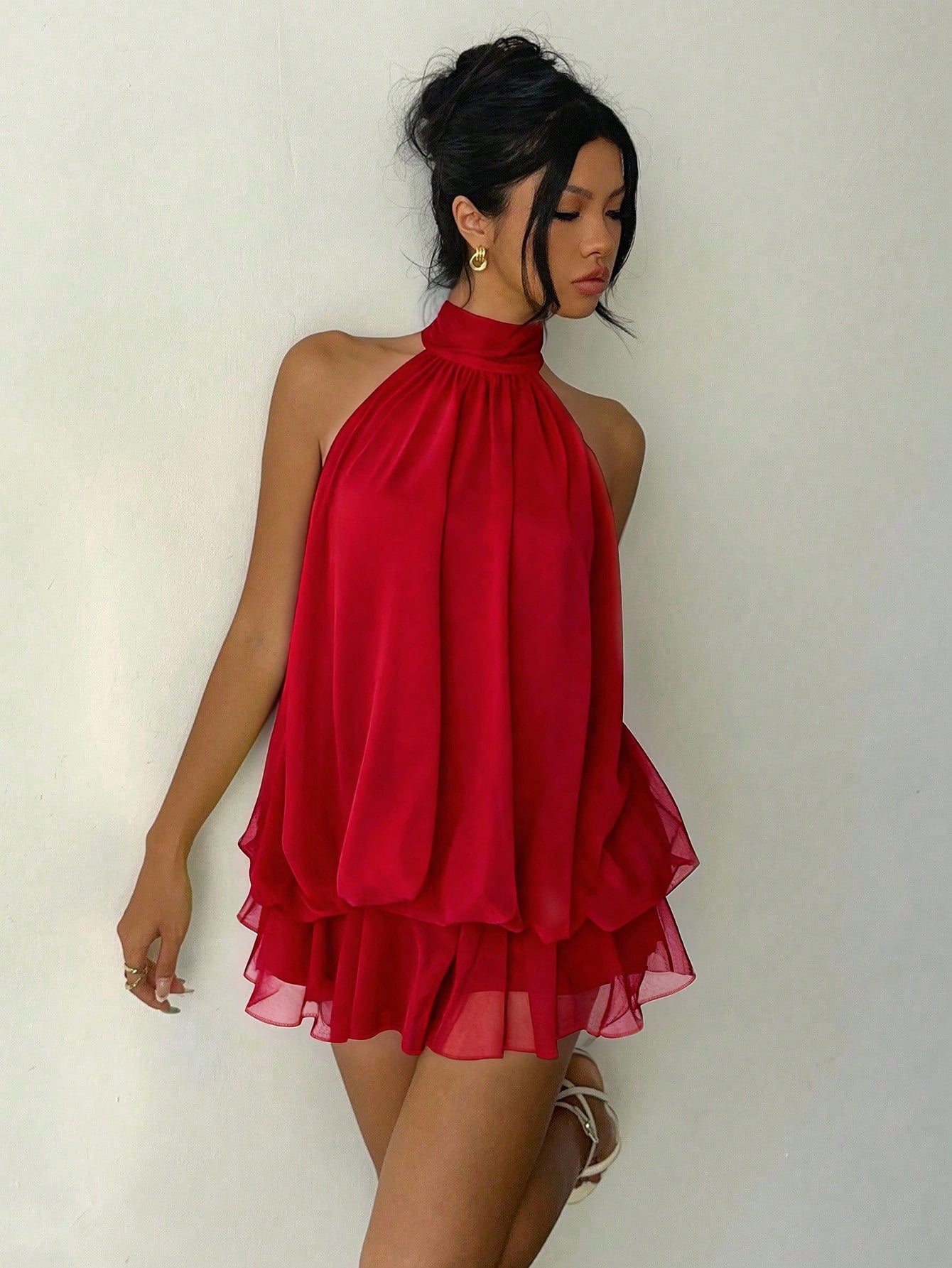Aloruh Women's Elegant Sexy Red Valentine's Day Halter Neck Tie Mini Dress Club Date Night Night Out Party Summer