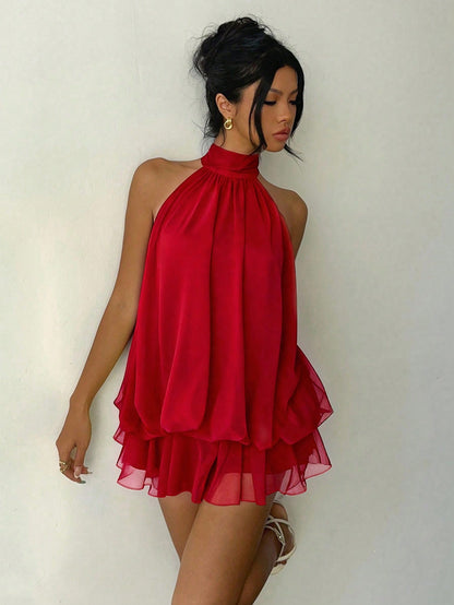 Aloruh Women's Elegant Sexy Red Valentine's Day Halter Neck Tie Mini Dress Club Date Night Night Out Party Summer