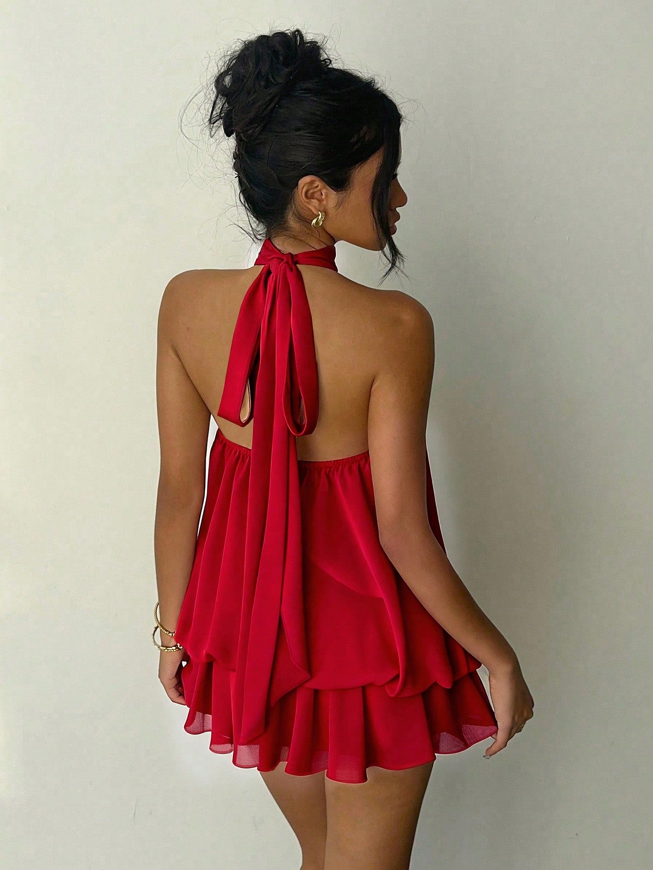 Aloruh Women's Elegant Sexy Red Valentine's Day Halter Neck Tie Mini Dress Club Date Night Night Out Party Summer