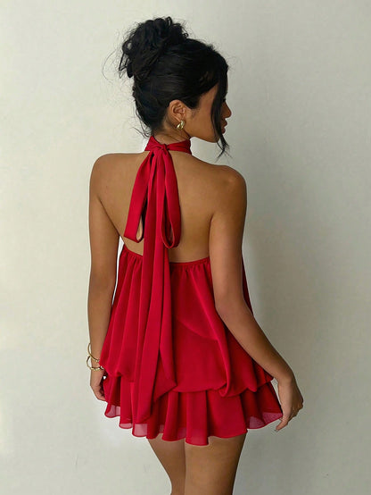 Aloruh Women's Elegant Sexy Red Valentine's Day Halter Neck Tie Mini Dress Club Date Night Night Out Party Summer