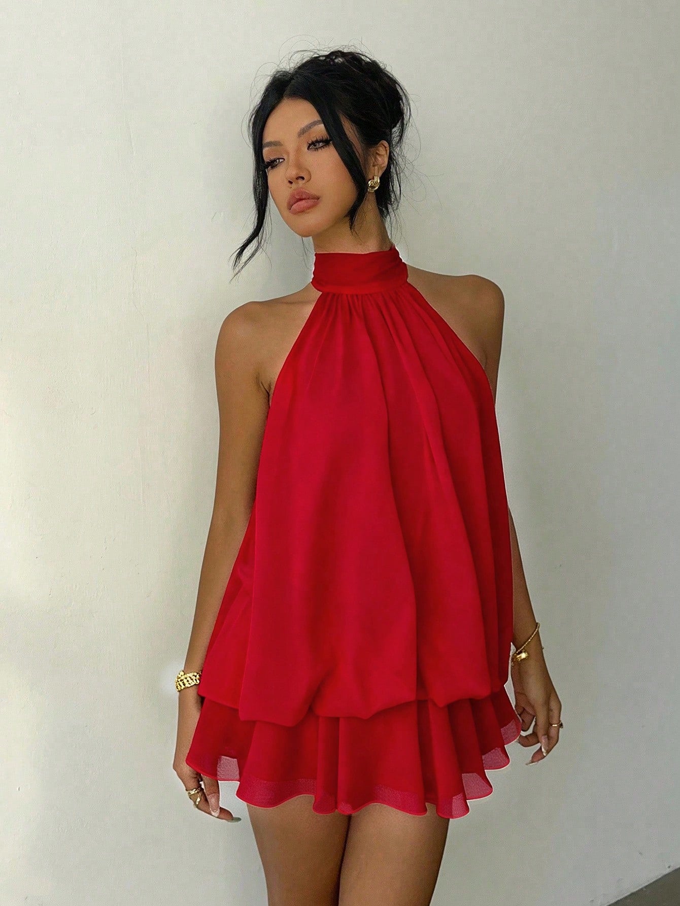 Aloruh Women's Elegant Sexy Red Valentine's Day Halter Neck Tie Mini Dress Club Date Night Night Out Party Summer