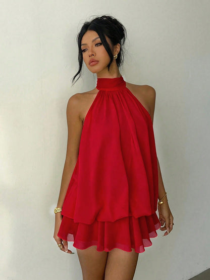Aloruh Women's Elegant Sexy Red Valentine's Day Halter Neck Tie Mini Dress Club Date Night Night Out Party Summer
