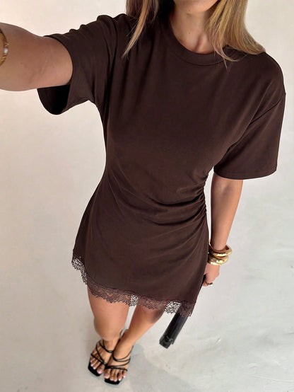 Aloruh Women's Elegant Sexy Round Neck Asymmetrical Hem Lace Patchwork Waist-Cinching Short Sleeve Mini Dress Date Night Night Out Chocolate Brown Summer