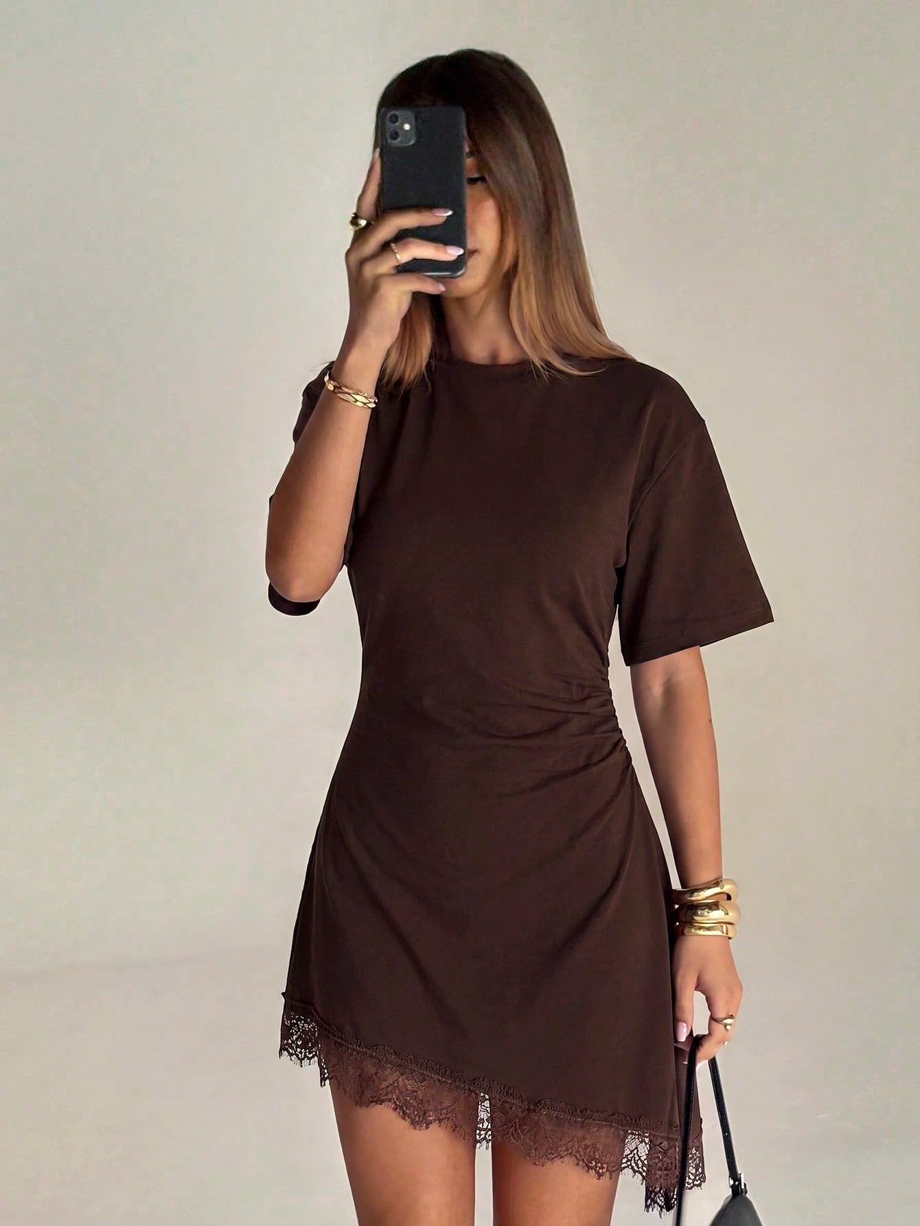 Aloruh Women's Elegant Sexy Round Neck Asymmetrical Hem Lace Patchwork Waist-Cinching Short Sleeve Mini Dress Date Night Night Out Chocolate Brown Summer