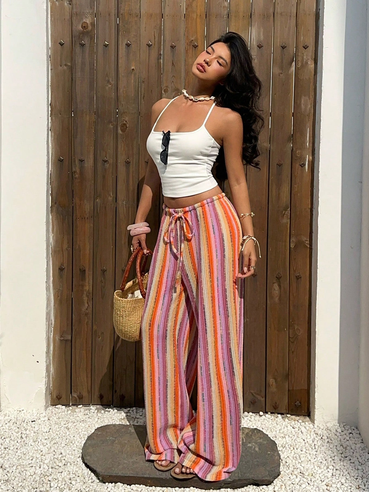 Aloruh Women's Low Waist Casual Colorful Pink Stripe Crochet Straight Leg Trousers,Boho Summer Beach Vacation Holiday Trousers For Travel & Music Festivals