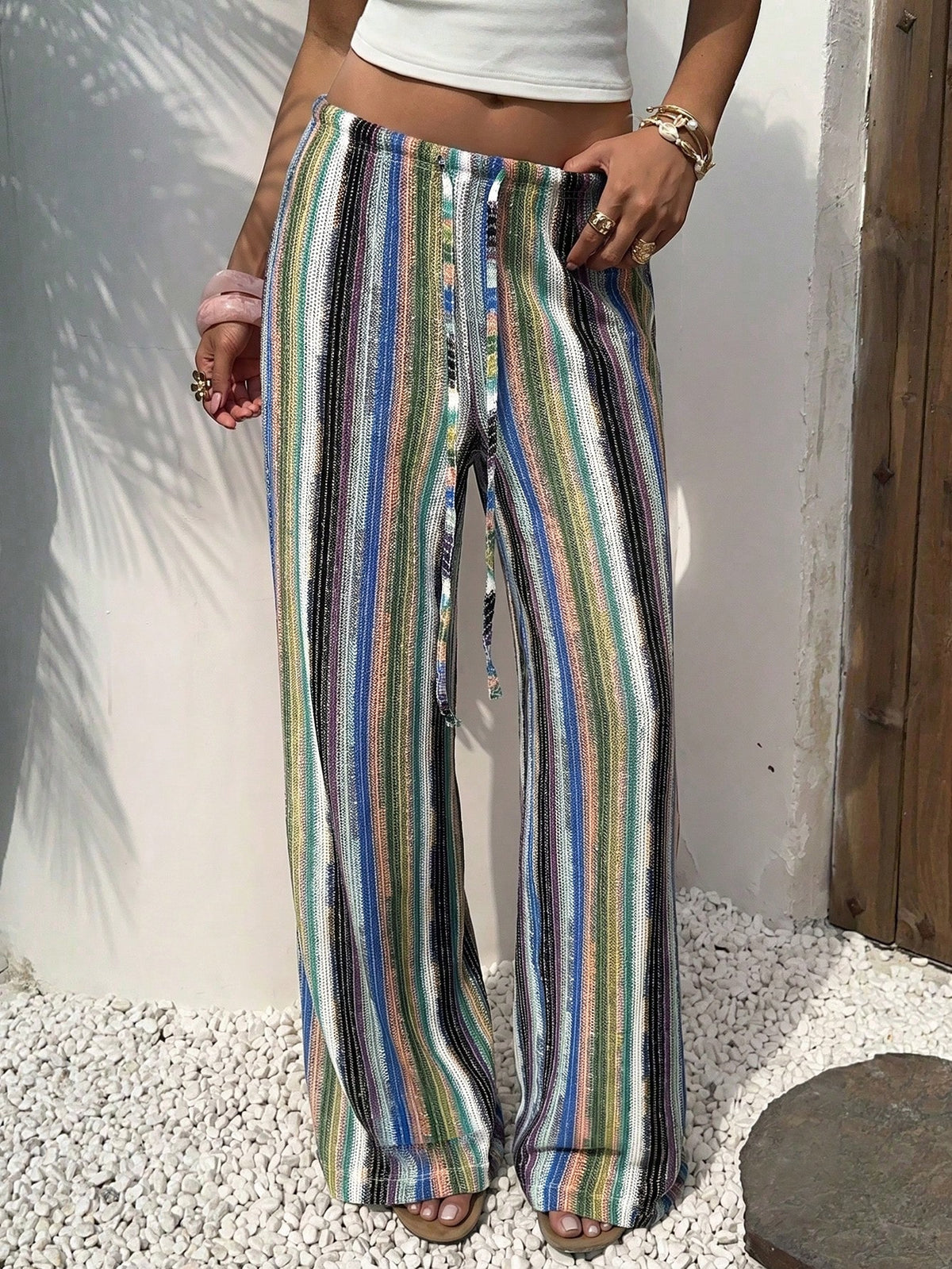 Aloruh Women's Low Waist Casual Colorful Pink Stripe Crochet Straight Leg Trousers,Boho Summer Beach Vacation Holiday Trousers For Travel & Music Festivals