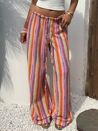 Aloruh Women's Low Waist Casual Colorful Pink Stripe Crochet Straight Leg Trousers,Boho Summer Beach Vacation Holiday Trousers For Travel & Music Festivals
